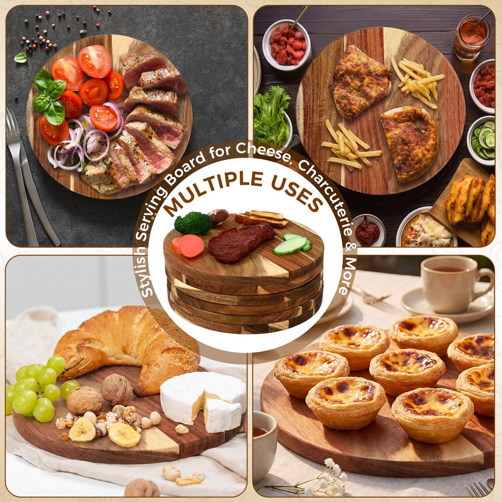6 Pack 10" Acacia Wooden Round Cutting Boards Bulk 0.6 Inch Thick Round Charcuterie Board Smooth Surface Multipurpose