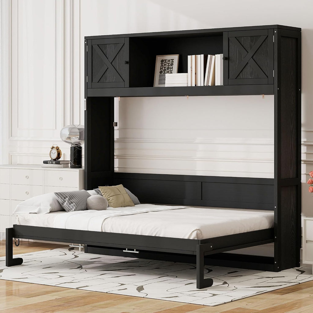Full Horizontal Murphy Bed with Storage, Farmhouse Wooden Wall Bed with Cabinets and Bookcase, Space-Saving Foldable