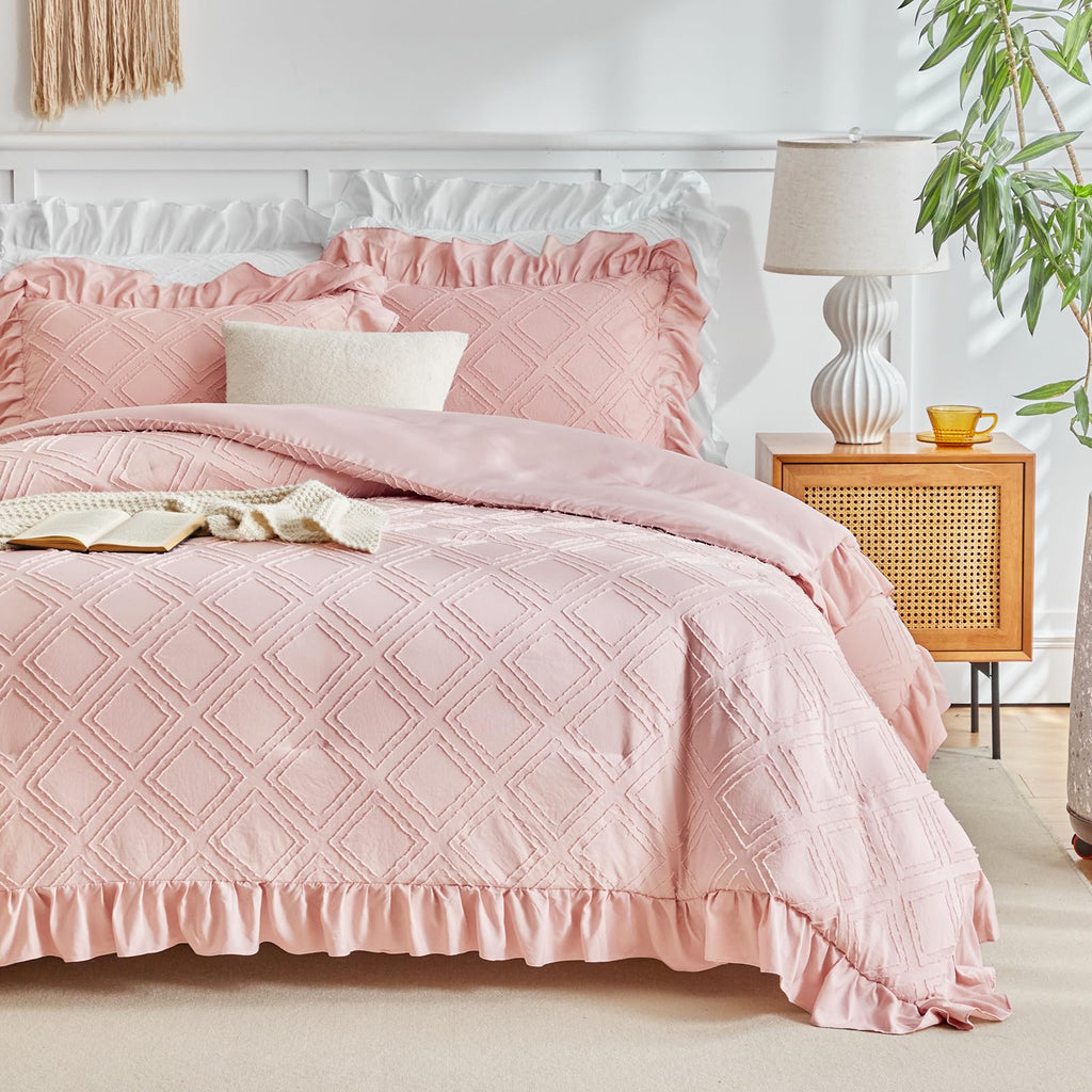 Tufted Ruffle Comforter Set Full/Queen Size, 3 Piece Blush Pink Ruffled Farmhouse Comforters, Luxury Solid Color Soft