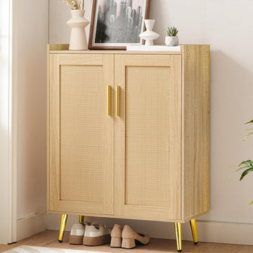 Shoe Cabinet, 5-Tier Shoe Storage Cabinet, Rattan Shoe Cabinet with Doors, 37.8" Tall Shoes Rack Organizer Cabinet