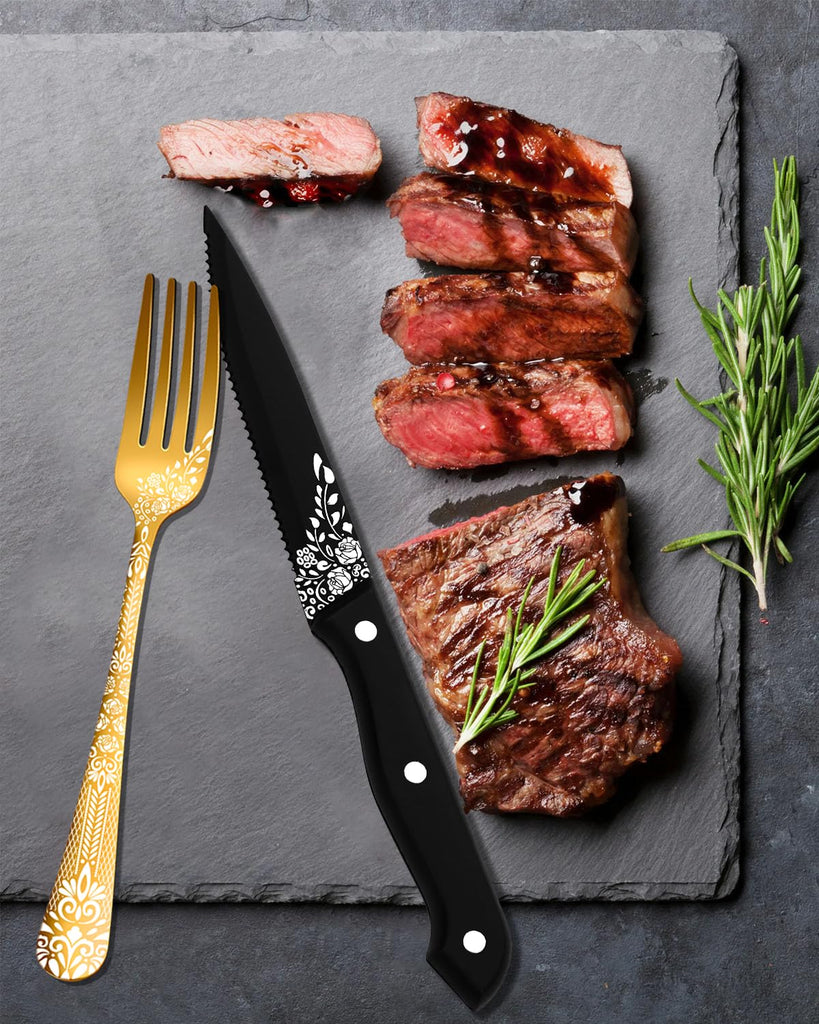 36 Piece Gold Silverware Set with Steak Knives Stainless Steel Flatware Set Food-Grade Cutlery for 6 Knife Fork Spoon