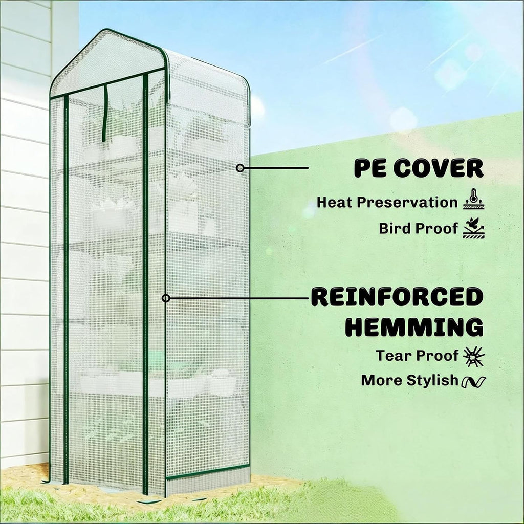 Portable Five-Tier Mini Greenhouse with Steel Frame | Five-tier plant shelf with 22 lb weight capacity per shelf