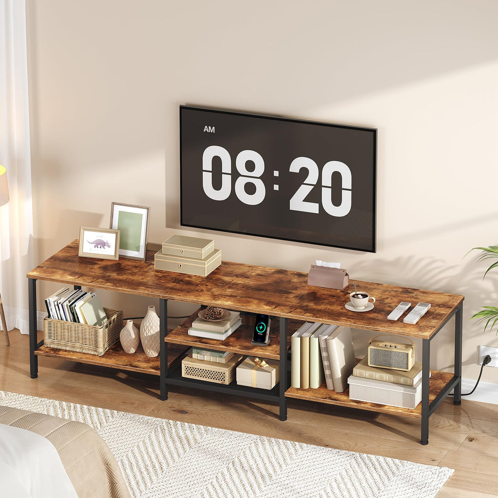 TV Stand with Power Outlets to 85 Inches, TV Console Table with Open Storage Shelves, Industrial Media Entertainment
