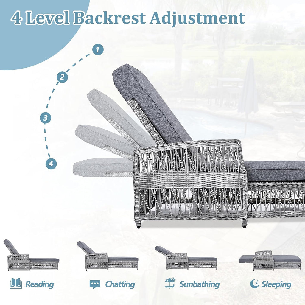Patio Lounge Chair, Outdoor Rattan Chaise Lounge with 4 Adjustable Backrest and Armrests, All Weather Wicker