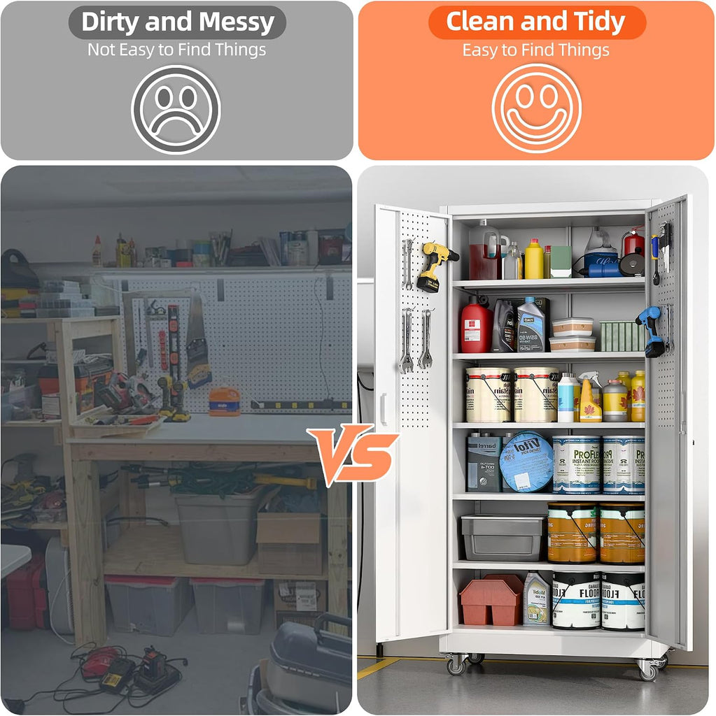 71" White Metal Storage Cabinet with Wheels and Pegboard | 16"D x 32"W x 71"H steel cabinet; lockable doors, 5
