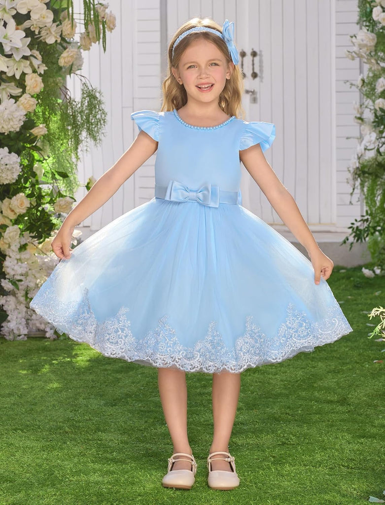 Infant Baby Girls Wedding Flower Girl Dress Pearls Tulle Tutu Dress Bowknot V Back Pageant Party Birthday Formal
