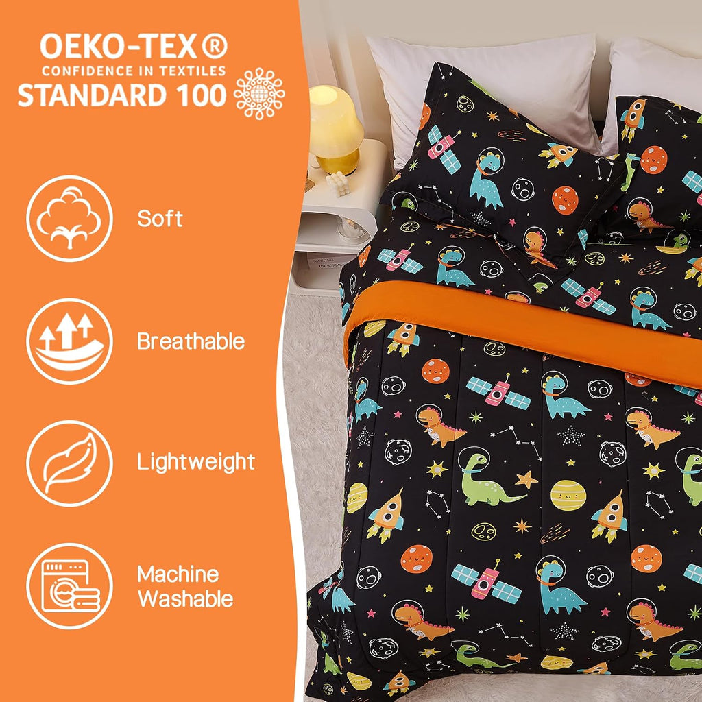 Space Dinosaur Kids Comforter Set for Boys Twin, Cute Quilted Black Printed Bedding Set with Pillow Sham, Lightweight