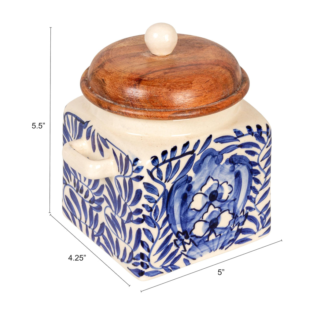Co-Op Stoneware Canister with Design, Lid and Spoon, Cream, Blue and Natural