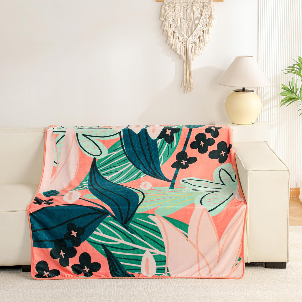 Boho Floral Flannel Fleece King Size Blanket - Soft, Warm & Lightweight Fuzzy Blanket for Couch, Bed, or Sofa Decor
