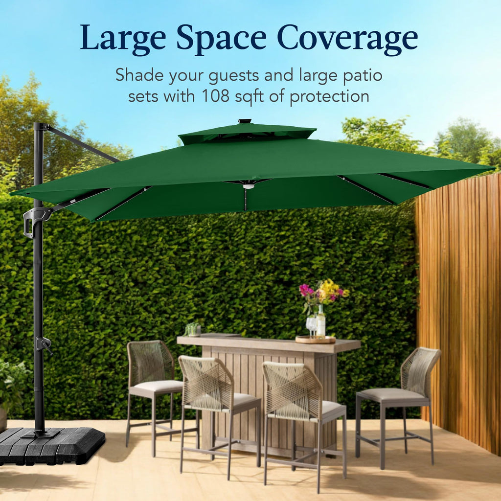 9x12ft LED Cantilever Patio Umbrella w/Base Included & 360° Rotation, Large Solar Offset Hanging Outdoor Sun Shade