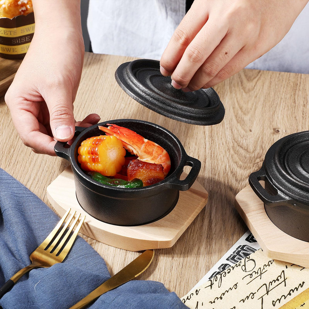 2 Sets 17 oz Mini Dutch Oven Cast Iron Pot with Lid Wood Base