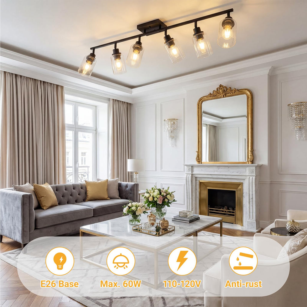 Track Light Fixture, Black Bathroom Lighting Fixture Ceiling with Seeded Glass, Multi-Directional Ceiling