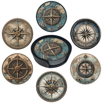 Nautical Compass Coasters for Drinks with Holder Round Leather Coasters Set of 6 Cups Mugs Mat Pad Kitchen Bar