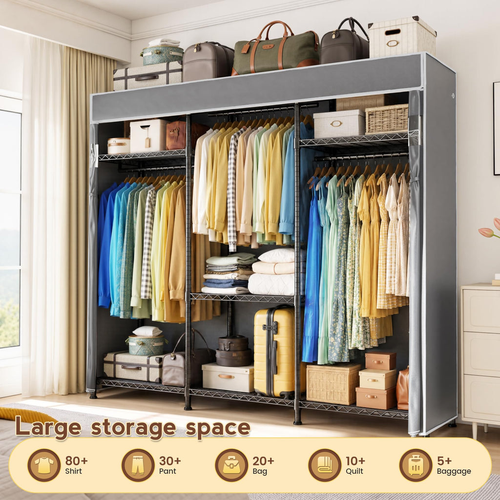 Clothes Rack, Heavy Duty Portable Closet with Cover, 3 Rods, 800LBS