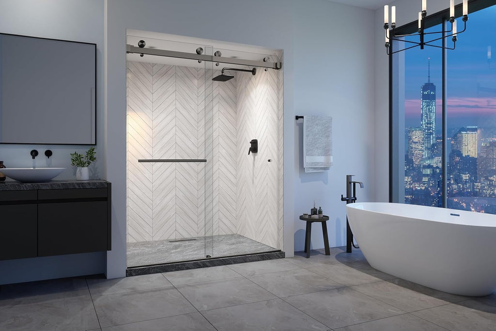 VITRA-200 56.5-59" W x 78" H Frameless Shower Door, Double Sliding with 3/8" Clear Tempered Glass (Matte Black)