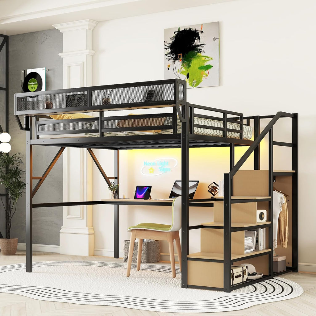 Queen Metal Loft Bed Frame with Desk, Staircase, Built-in Storage Shelves and Wardrobe