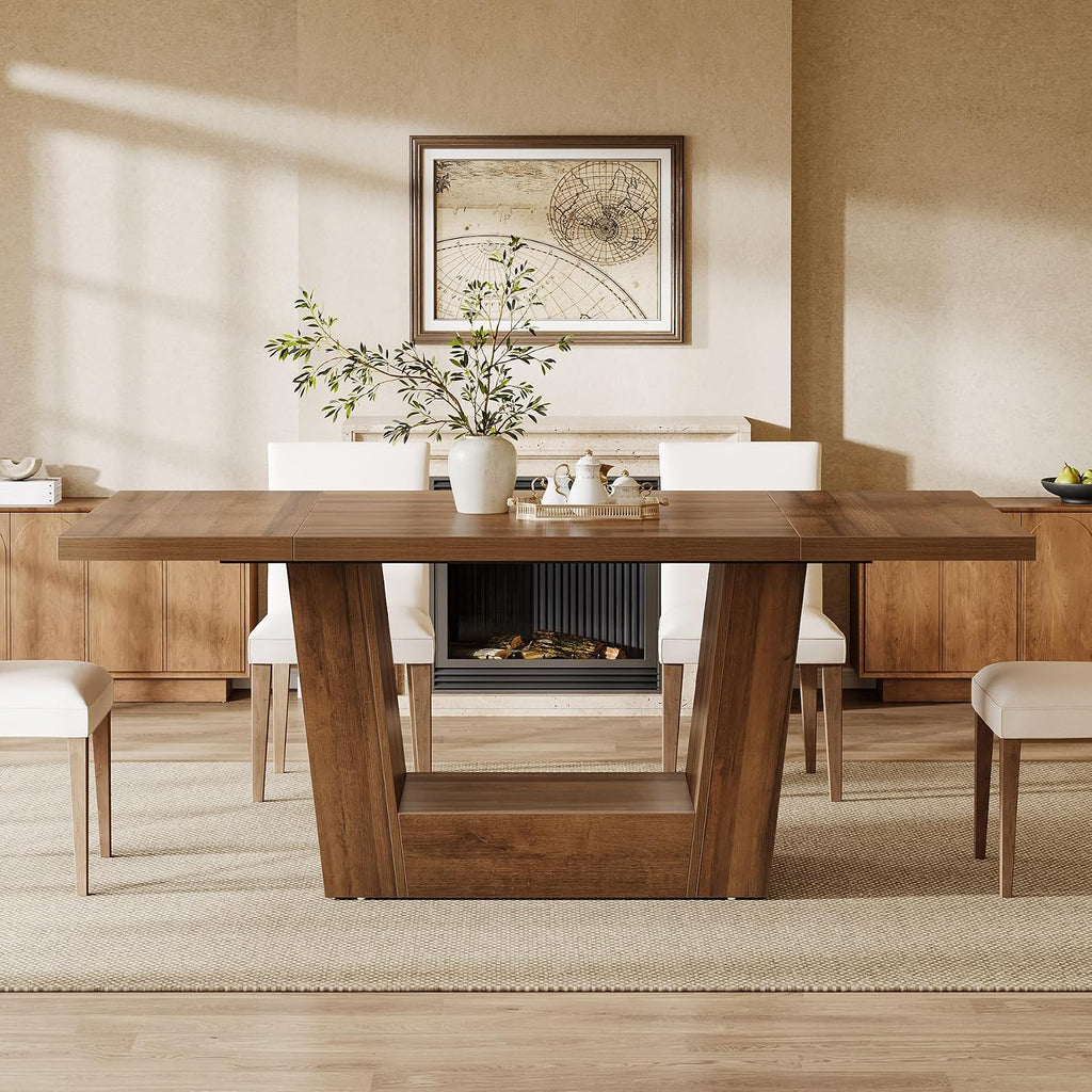 63-Inch Dining Table for 4-6, Farmhouse Rectangular Kitchen Dinner Table with Heavy-Duty Base, Wood Dining Room