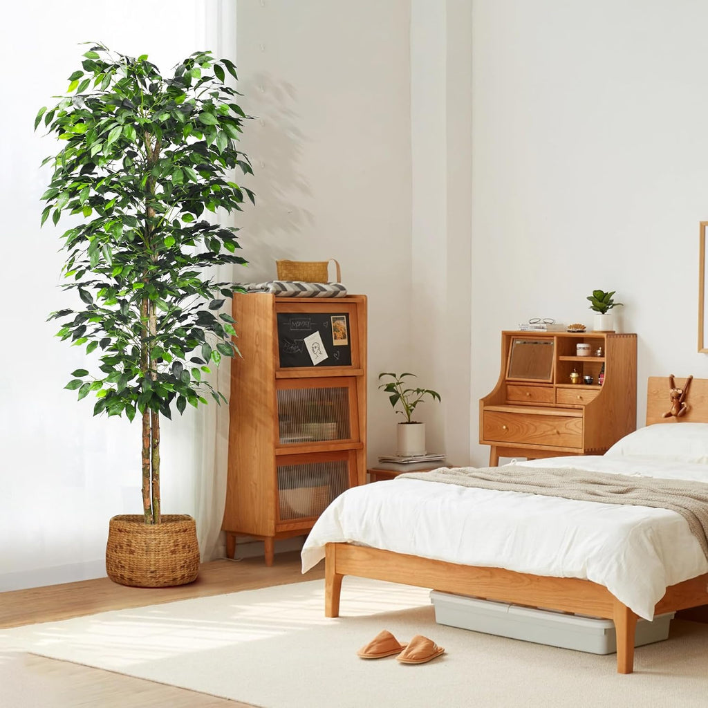 2Packs 6FT Artificial Ficus Trees with Realistic Leaves and Natural Trunk, Faux Ficus Tree with Sturdy Plastic