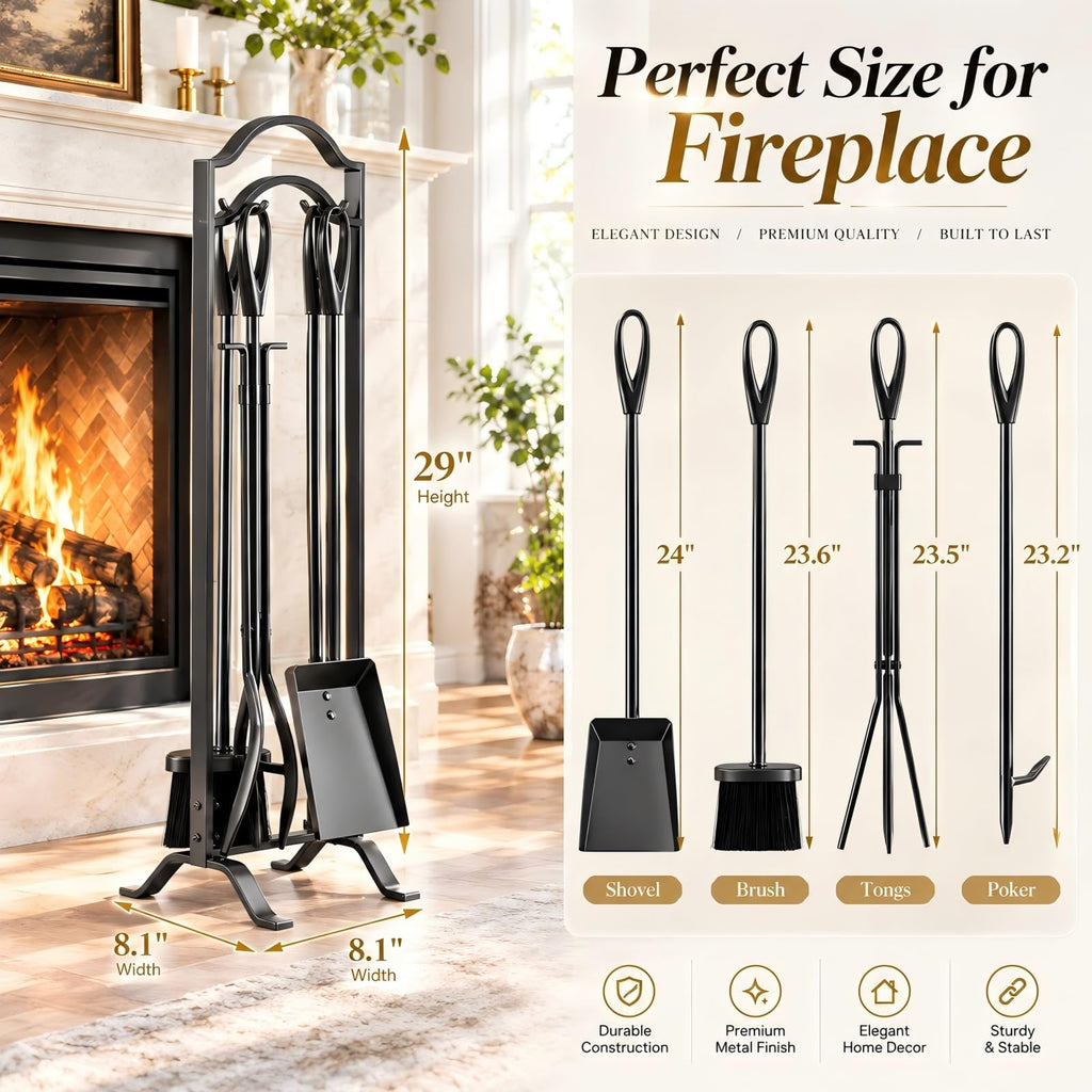 Fireplace Tools Set 5 Pcs with Stand, 29" Durable Wrought Iron