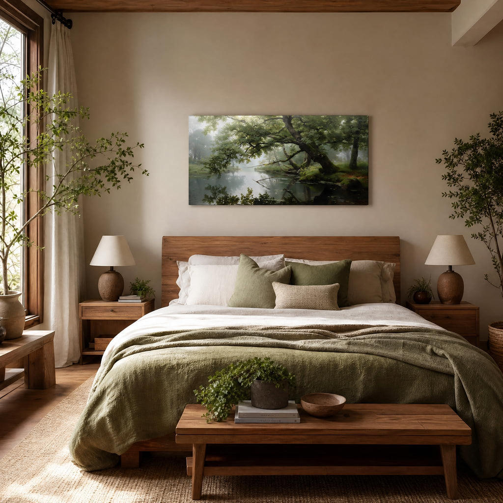 Serene Forest River Canvas Wall Art Misty Green Woods Landscape Painting Print Gallery Wrapped Calm Nature Picture