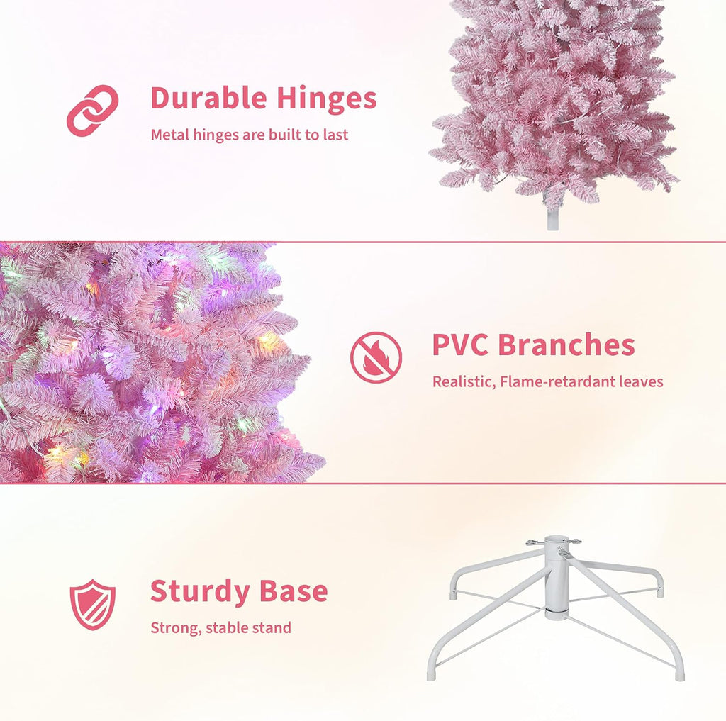 Prelit Artificial Christmas Tree with RGB & Warm White Lights, Pre-Lit Snow Flocked Pencil Christmas Tree