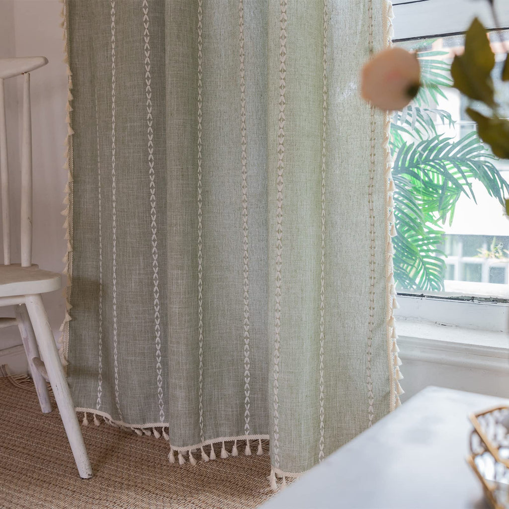 Green Modern Farmhouse Textured Curtains Living Room 72''L x 52''W Light Filtering French Country Boho Chic Tassel
