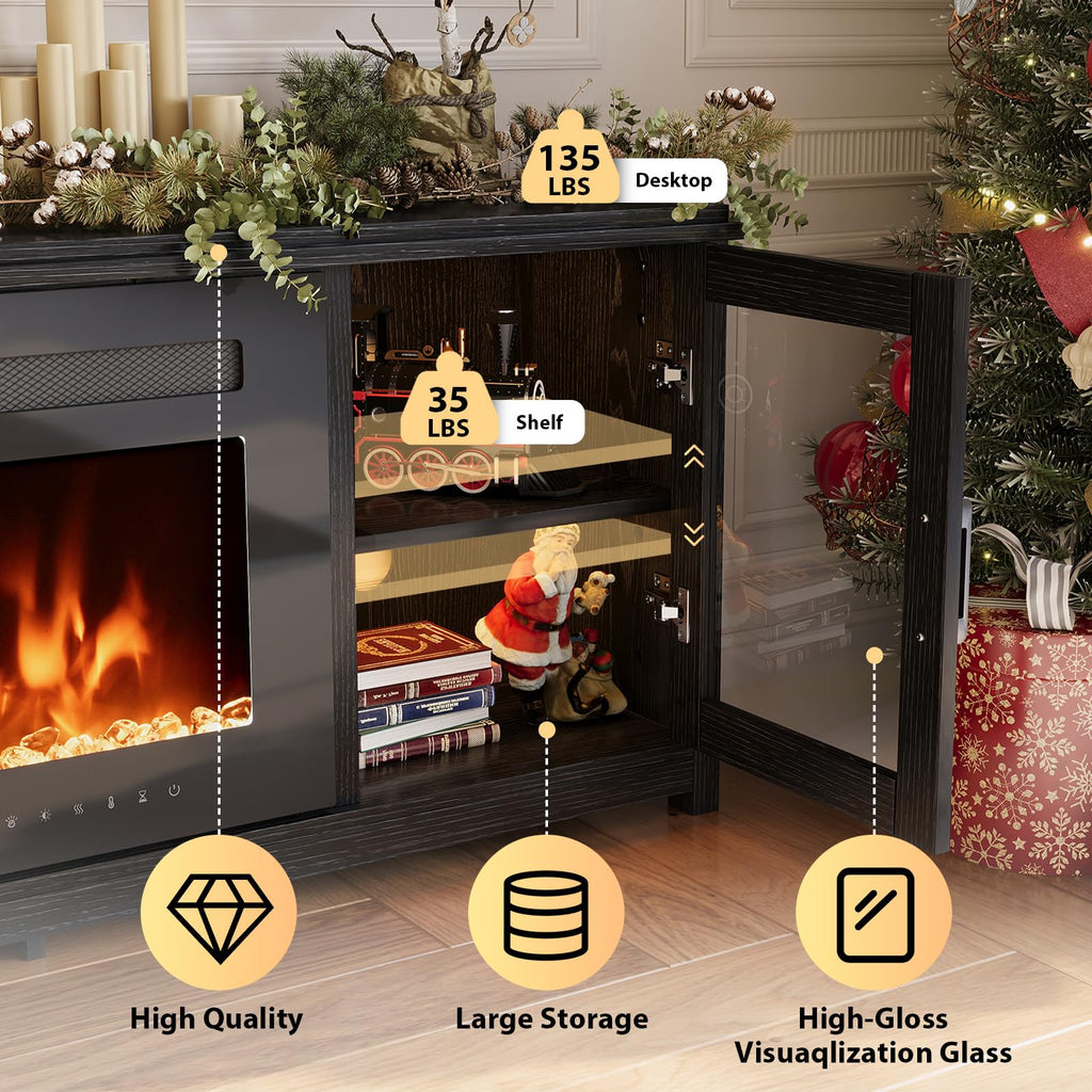 80" Fireplace TV Stand, Modern Entertainment Center with 50 Inch Electric Fireplace, Adjustable Shelf & Glass Door