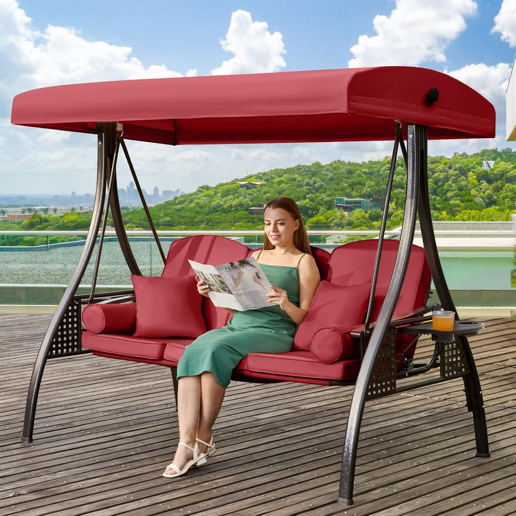 3 in 1 Outdoor Porch Swing with Adjustable Canopy, 3 Seat Outdoor Swing for Adults, Patio Swing Chair with Thickened
