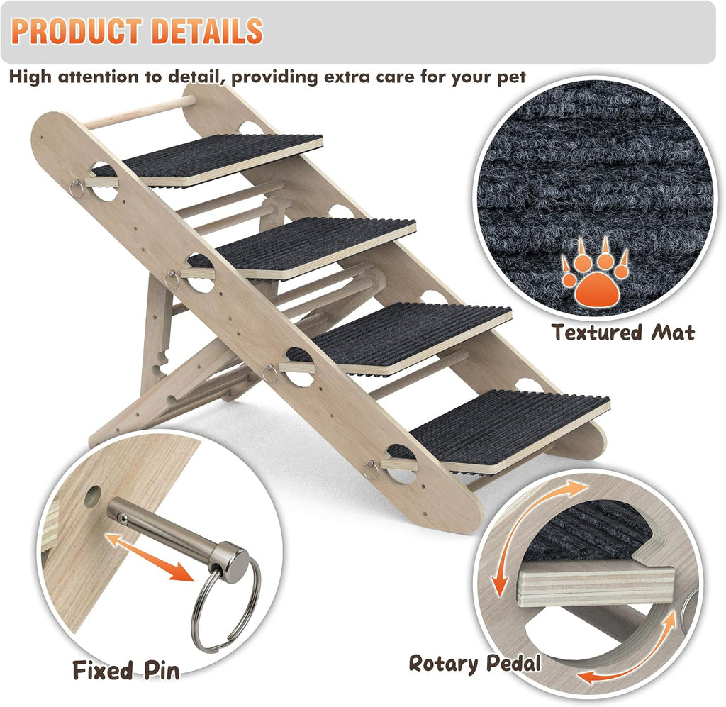 Dog Ramp for Bed, Foldable 15"x34" Solid Wood Pet Stairs for Small Dog