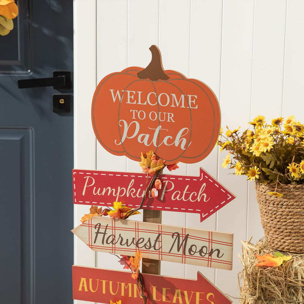 42.5"H Fall Wooden Pumpkin Patch Porch Decor, Rustic Fall Harvest Welcome to Our Patch Yard Sign, Farmhouse