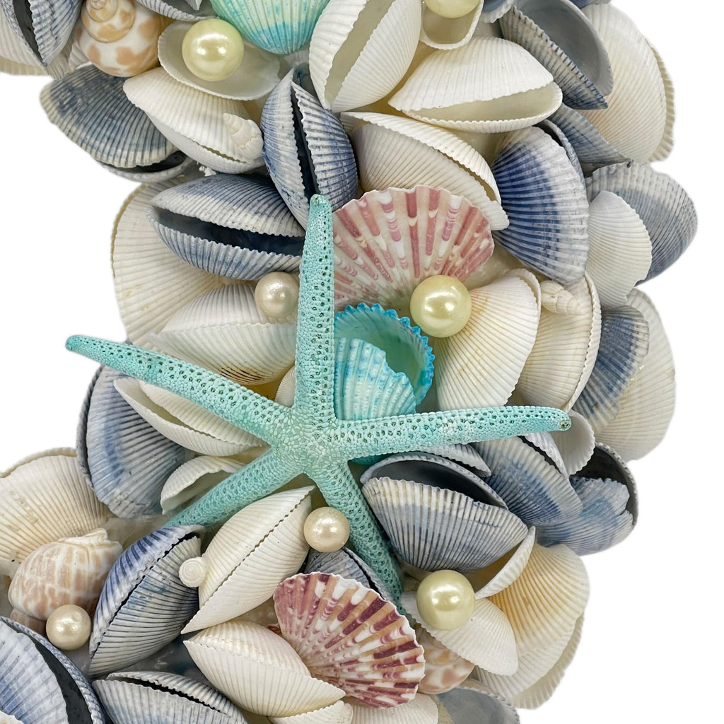 18" Nautical Seashell Wreath, Blue | Coastal Beach Floral Home Decor Indoor Outdoor Real Starfish Pearl Seashells