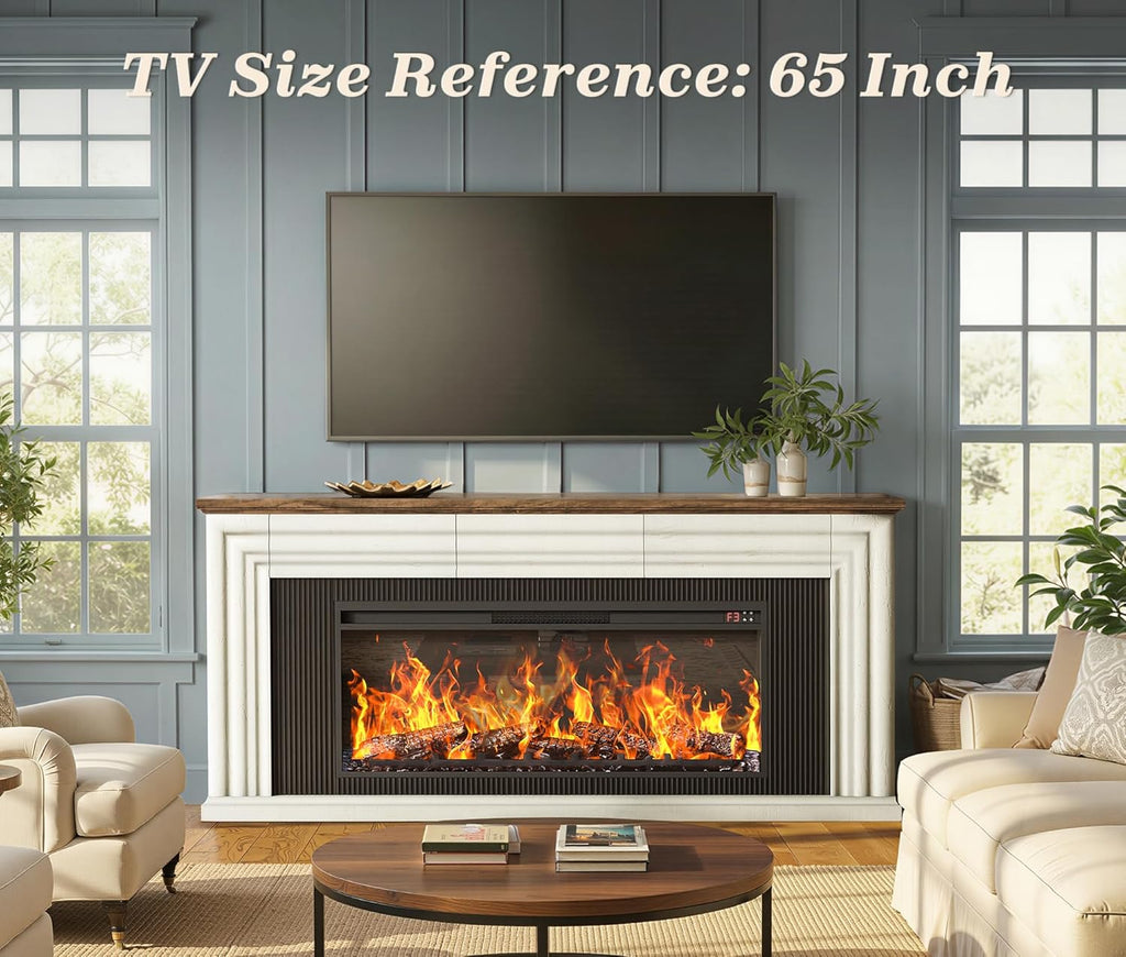 70 Inch Fireplace TV Stand for 75 Inch TV, Farmhouse Modern Entertainment Center with 42" Fireplace, Fluted Design