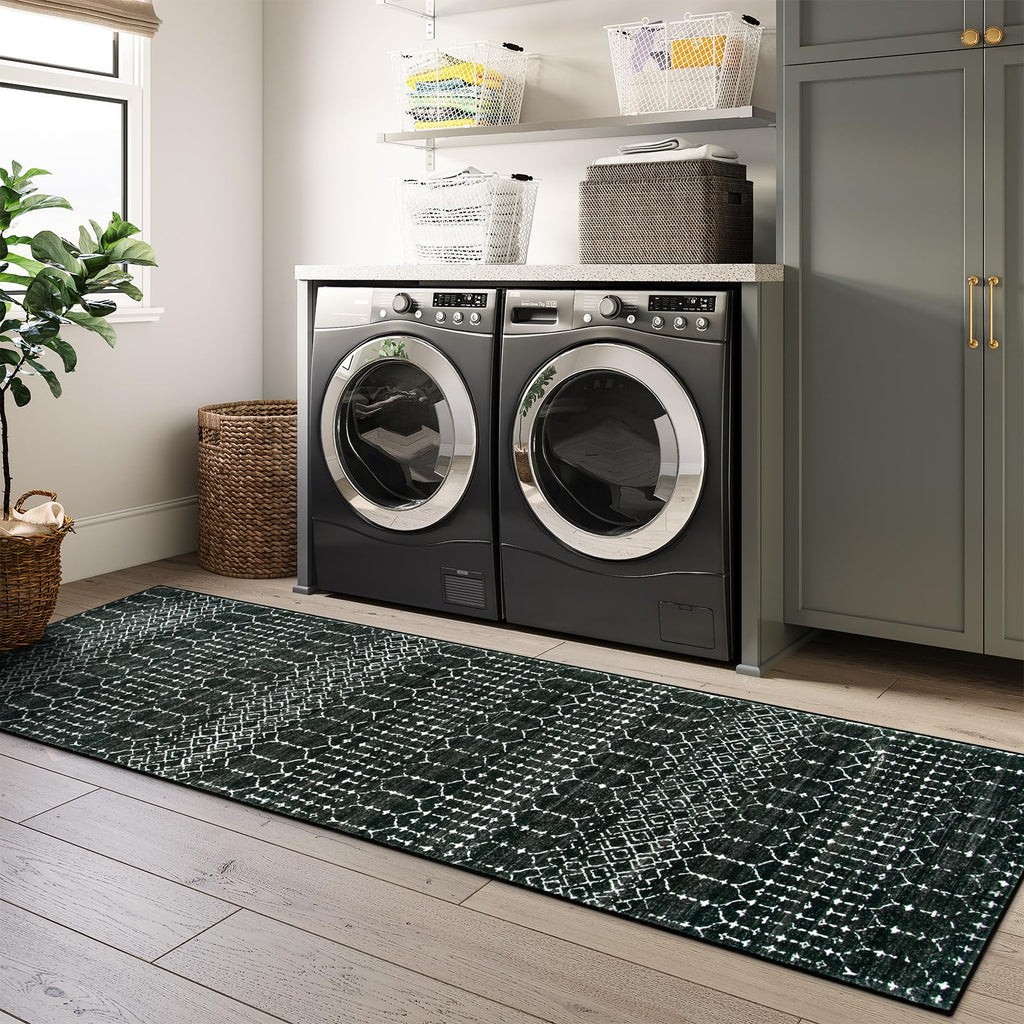 Moroccan Black Runner Rug Non-Slip, Kitchen Rug Runner Washable Non-Skid Hallway, Geometric Print Distressed
