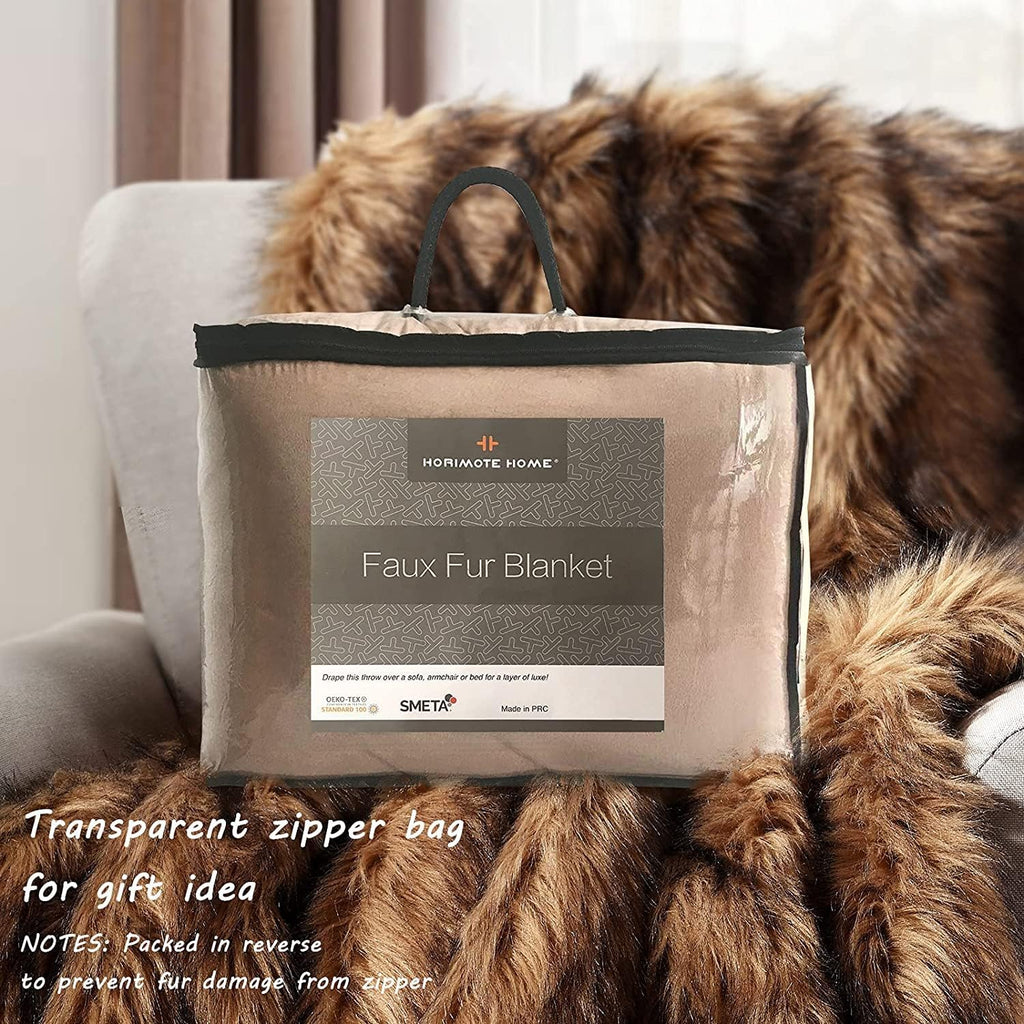 Plush Faux Fur Blanket King Size, Long Pile Brown with Black Tipped Throws, Oversized Super Warm, Fuzzy, Elegant
