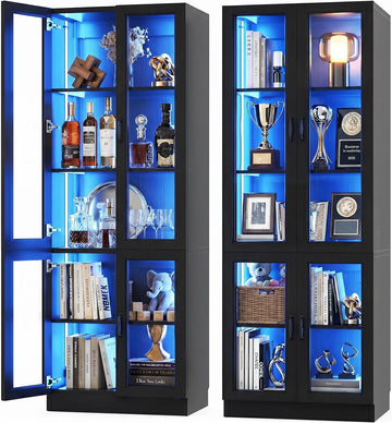 80" Display Cabinet with Glass Doors, 5-Tier Tall Bookcase with LED Light, Glass Display Case with Adjustable