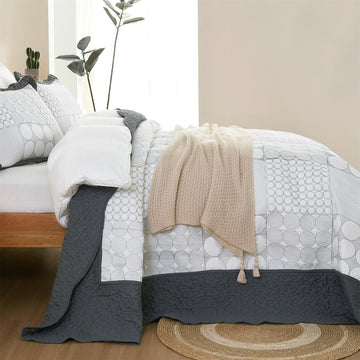 Quilt Set Dark Grey-128x120 Bedspread with 2 Pillow Shams-Exquisite Plaid Embroidery