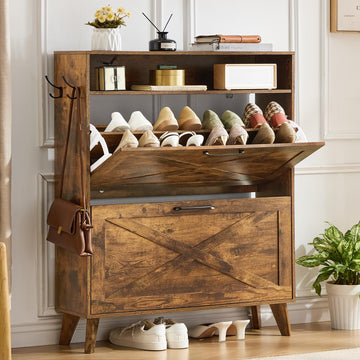 Narrow Shoe Cabinet with 2 Flip Drawers, Rustic Brown
