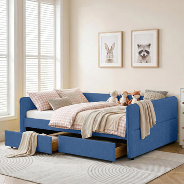 Queen Daybed Frame with 2 Storage Drawers, Boucle Upholstered Daybed, Tufted Corner Day Bed with Wood Slats Support