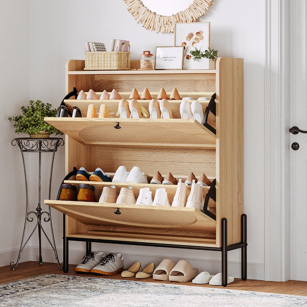 Shoe Cabinet Storage with 2 Flip Drawers, Free Standing Wooden Shoe Storage Organizer Cabinet with Rattan Doors
