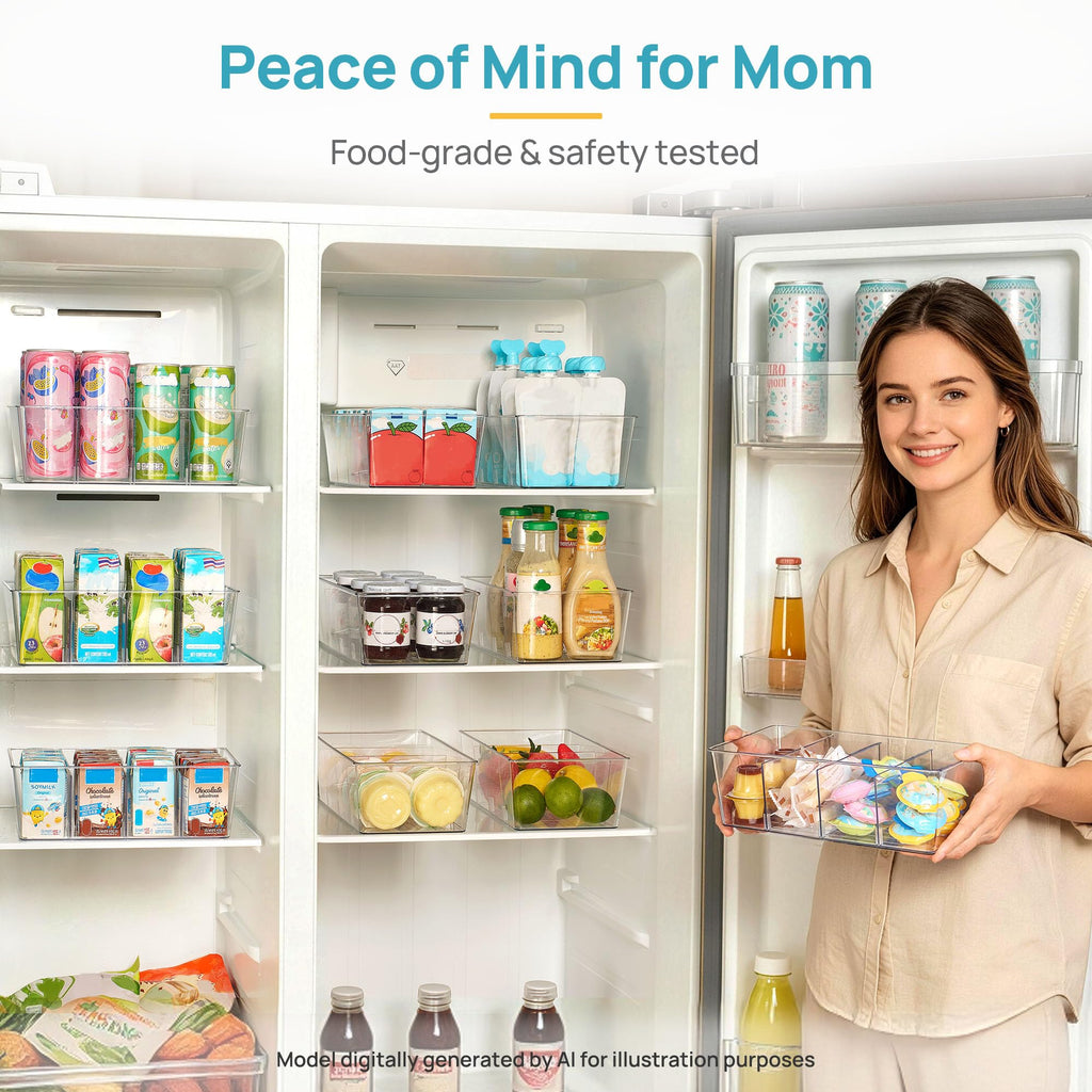 4 Pack Food Storage Organizer Bins, Clear Plastic, 4 Compartments