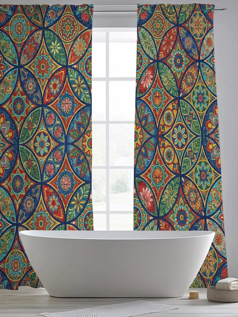 Vintage Boho Sheer Curtains 96 Inch Length 2 Panels, Ethnic Floral Geometric Green Blue Red Voile Kitchen Curtain Set