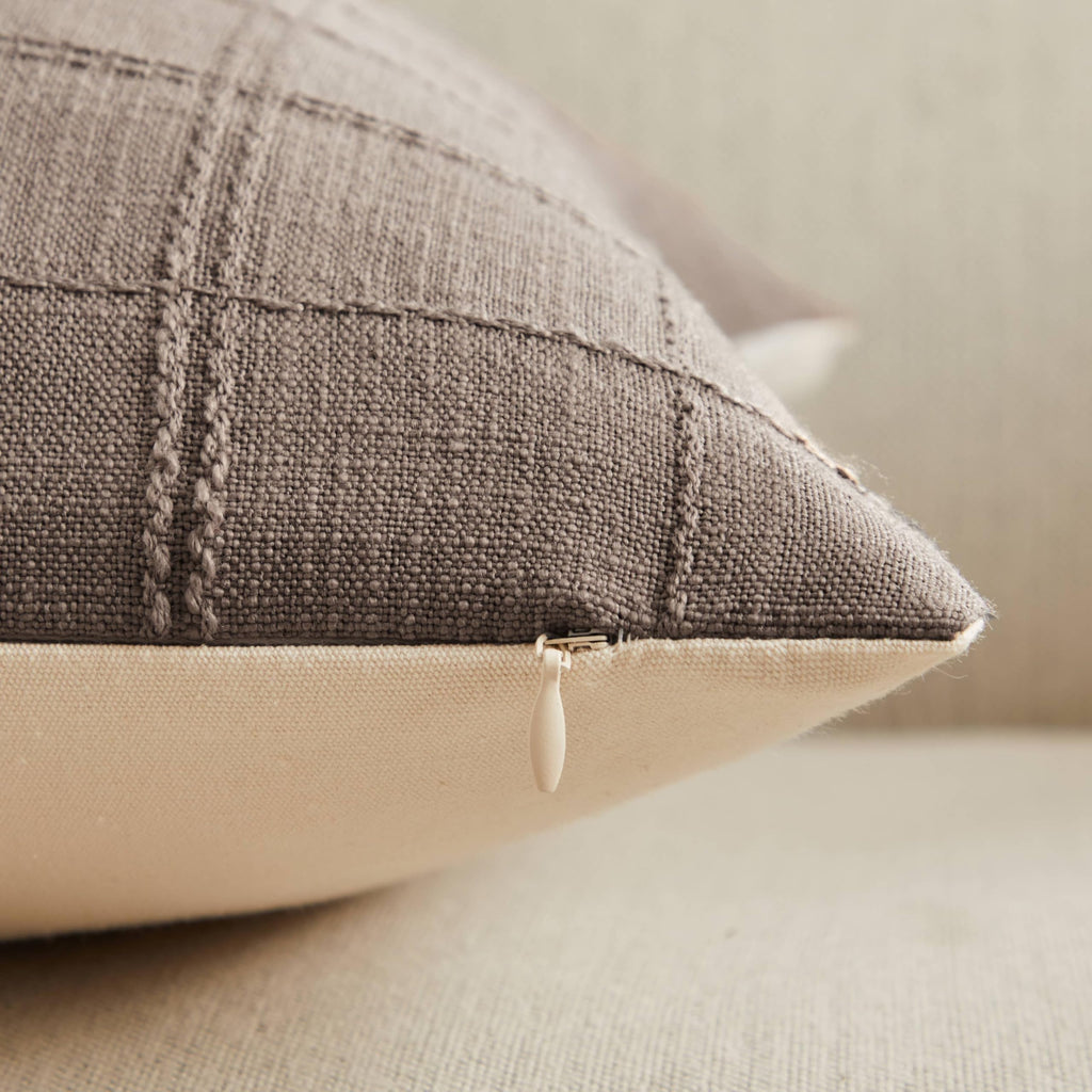 Linen Checked Throw Pillow Covers Set of 2, 24x24 Inch Cocoa Brown/Cream, Farmhouse Decorative Single Sided Grid