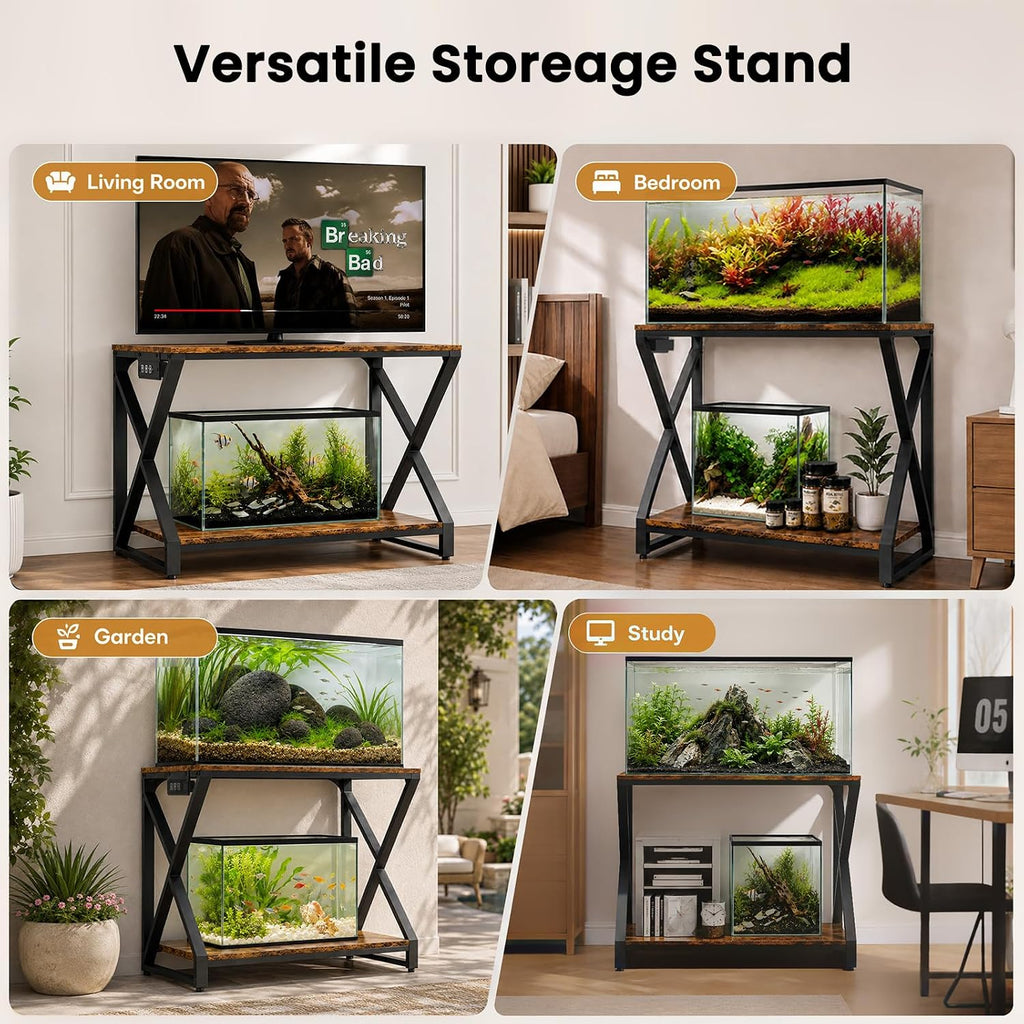Heavy Duty 50Gal Aquarium Stand, 3 Outlets & 2 USB Ports, Brown