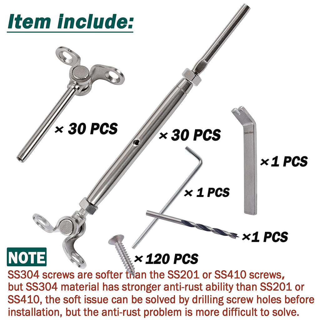 T316-Stainless Steel Adjustable Angle 1/8" Cable Railing Kit/Hardware for Wood Post, Marine Grade (30 Pack)
