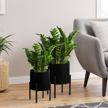 Modern Plant Pots, Set of 2 Large Planters with Stand, Decorative Planters, Metal Pots with Drainage Holes, Garden