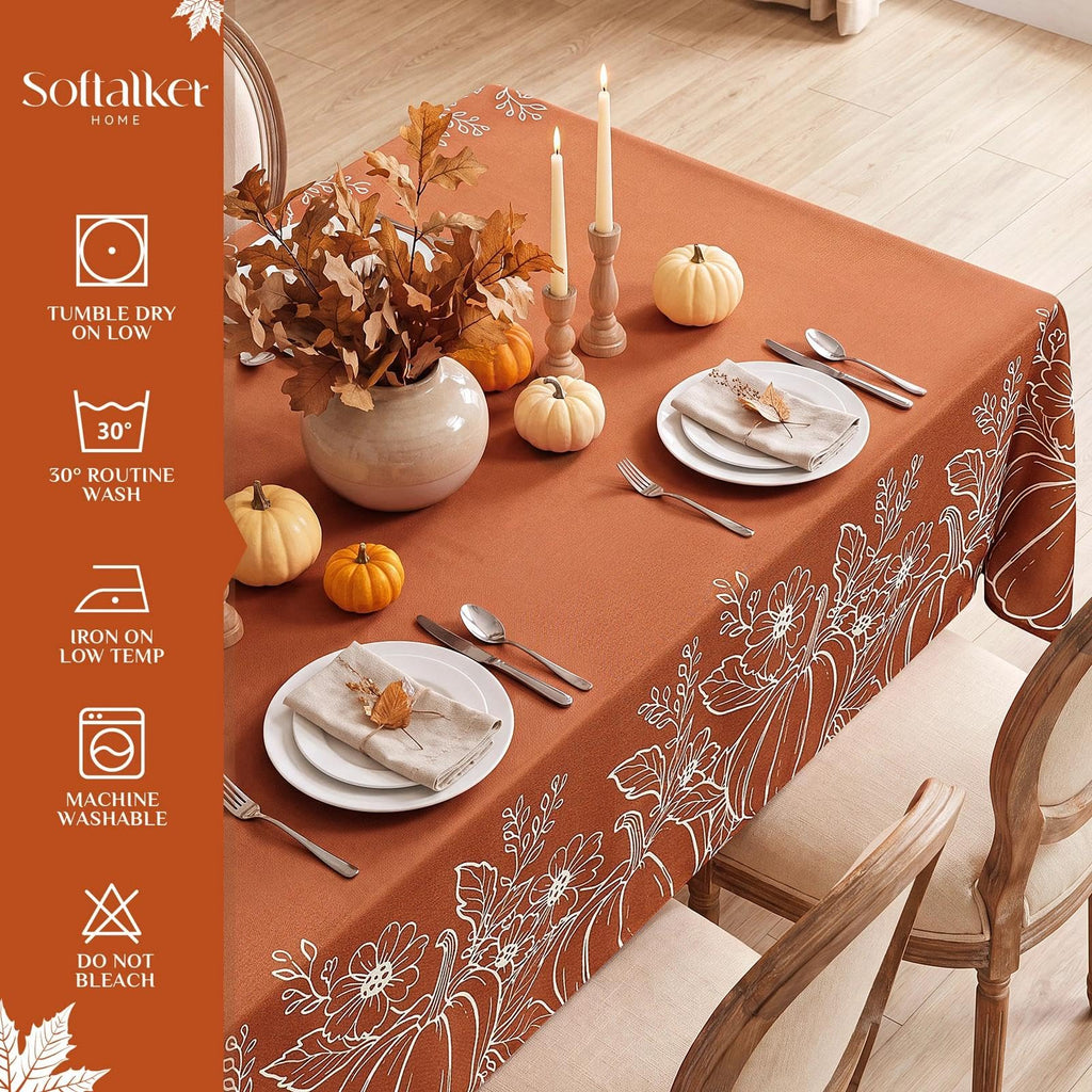 Large Fall Tablecloth Rectangle 60x104 inch, Faux Linen Autumn Table Cloths with Maple Leaves & Pumpkin, Water