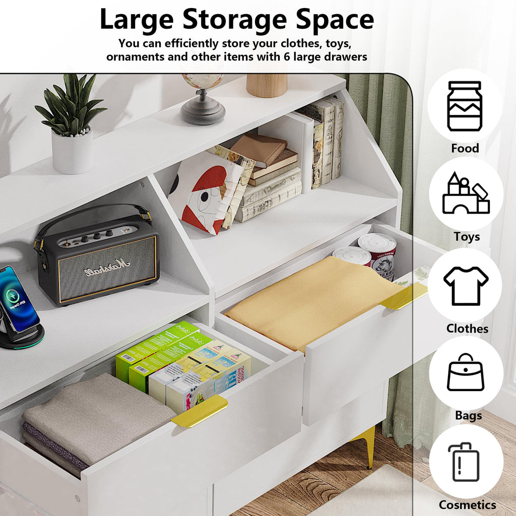 6 Drawer Dresser with LED Light, Chest of Drawers with Charging Station, Large Double Dressers, Wooden Dressers