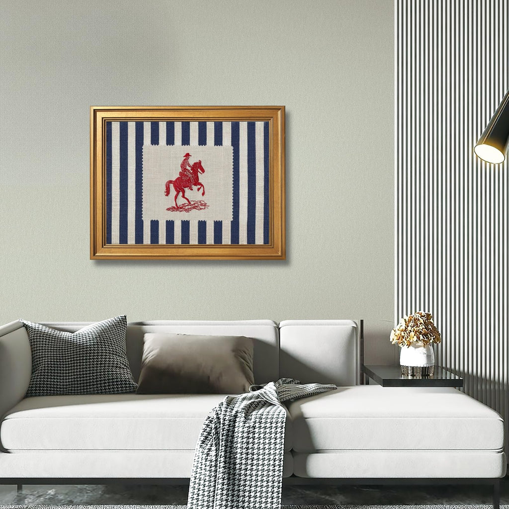 Framed Vintage Cowboy Canvas Wall Art Blue Striped Preppy Equestrian Poster Farmhouse Americana Horse Print Western