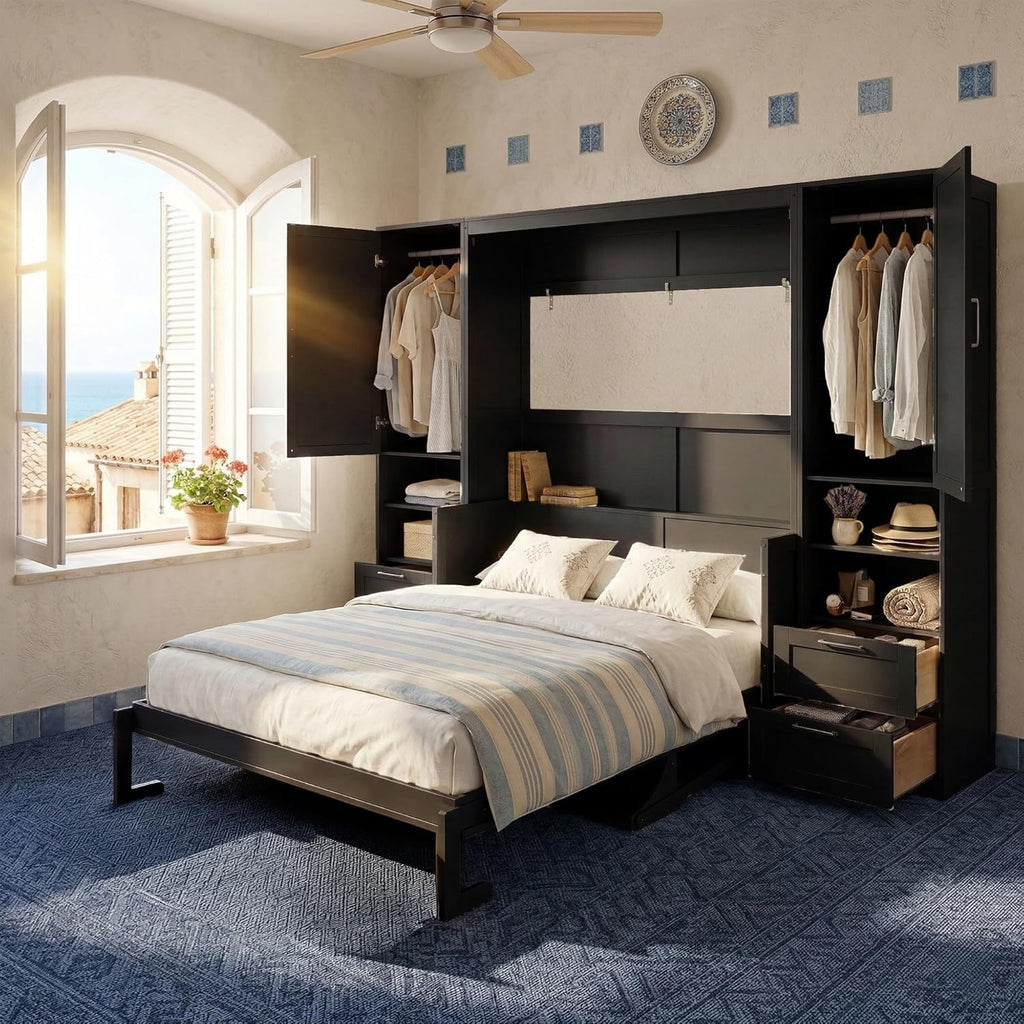 Queen Murphy Bed with Desk, Multifunctional Foldable Wall Bed with Closet, Drawers and Shelves, Space-Saving Wood Bed
