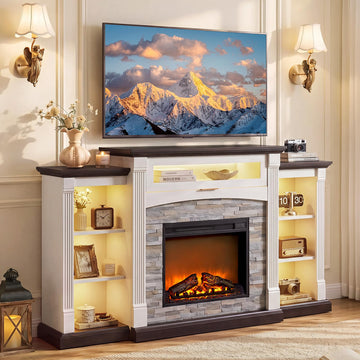 For 80'' TV, 70" Electric Fireplace with Mantel, White Entertainment Center with Electric Fireplace & LED Lights, TV